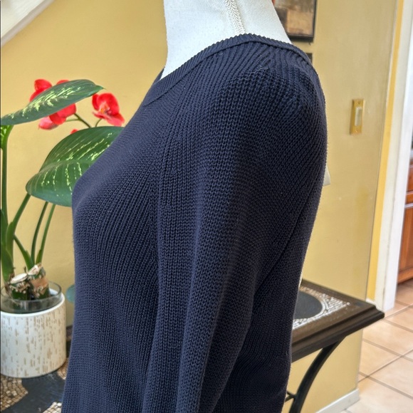 Loft Navy Blue Ribbed White Bow Tie Crew Neck Cotton Knit Pullover Sweater NWOT - Picture 7 of 15